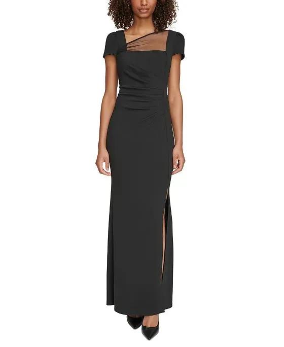 Women's Short-Sleeve Asymmetrical-Neck Mesh Gown
