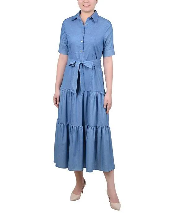 Women's Short Sleeve Belted Chambray Dress