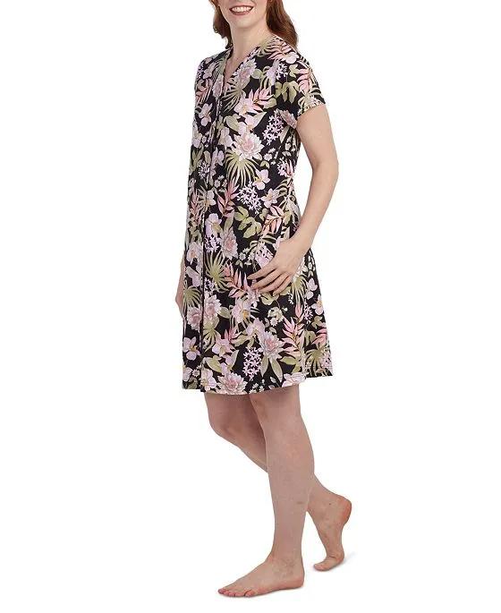 Women's Short-Sleeve Button-Front Floral Robe