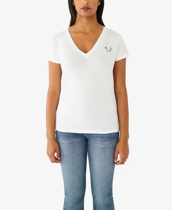 Women's Short Sleeve Crystal Buddha V-neck T-shirt