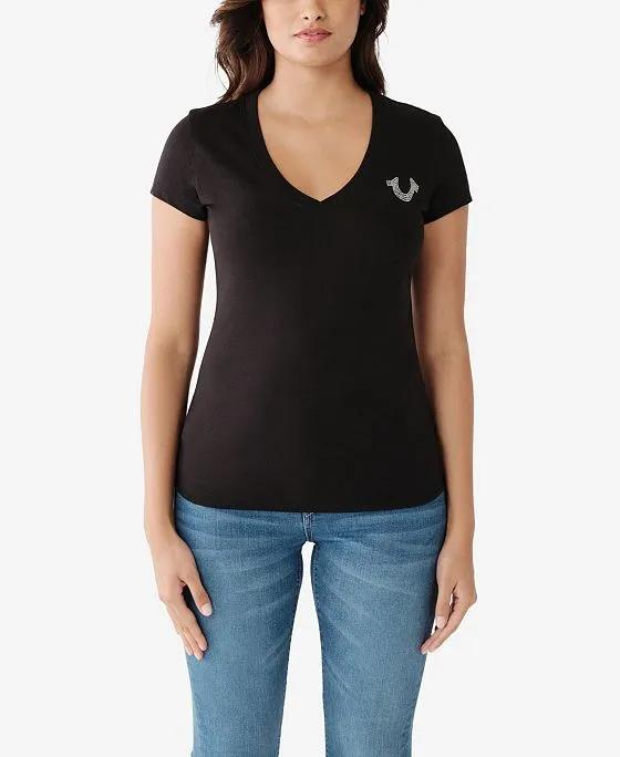 Women's Short Sleeve Crystal True V-neck T-shirt