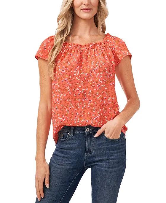 Women's Short Sleeve Floral Ruffled Square Neck Blouse