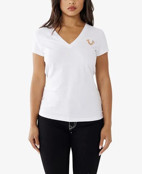Women's Short Sleeve Foil Buddha Slim V-neck T-shirt