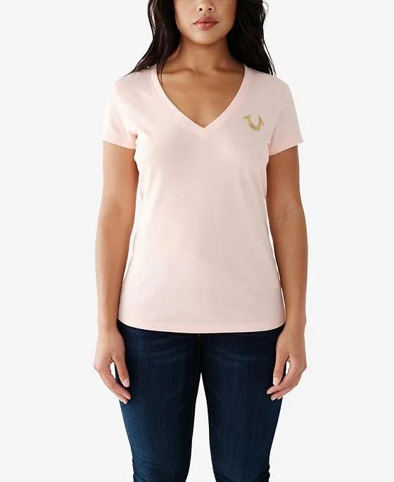 Women's Short Sleeve Foil Logo V-Neck T-Shirt