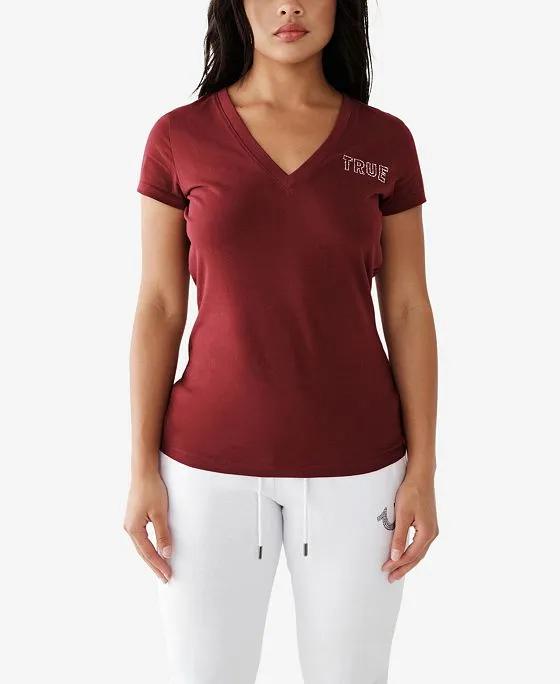 Women's Short Sleeve Glitter Stamp V-Neck T-shirt