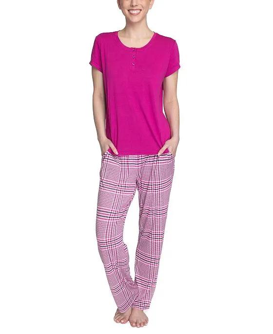 Women's Short Sleeve Henley Top & Pajama Pants Set