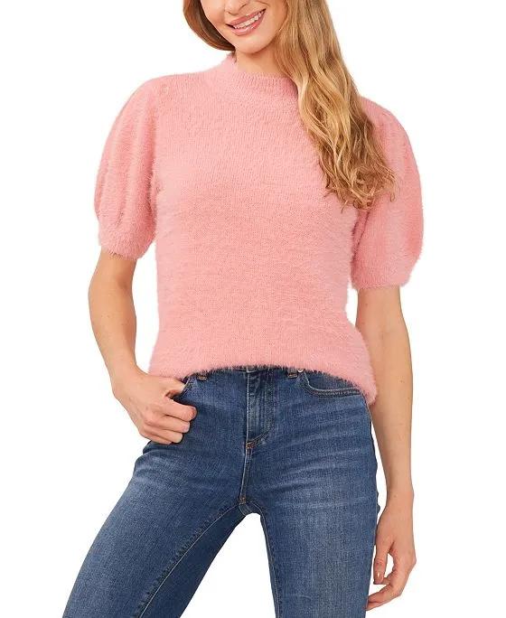 Women's Short-Sleeve Mock-Neck Eyelash Sweater