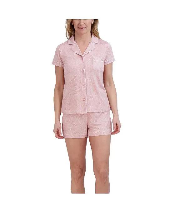 Women's Short Sleeve Notch Collar Top and Shorts  2 Piece Pajama Set