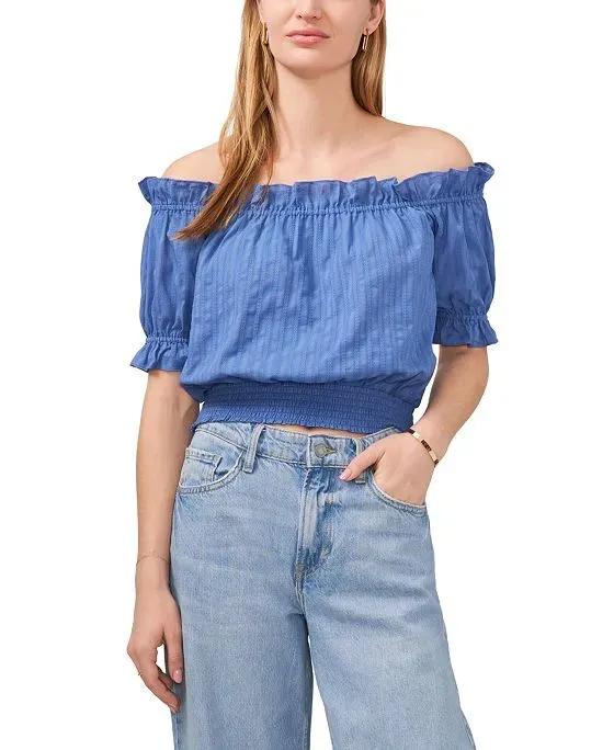 Women's Short Sleeve Off the Shoulder Smocked Woven Top