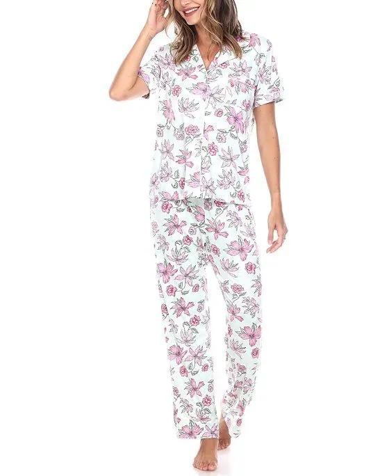 Women's Short Sleeve Pants Tropical Pajama Set, 2-Piece