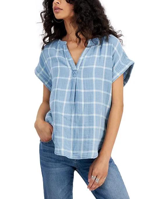 Women's Short-Sleeve Plaid Popover Shirt