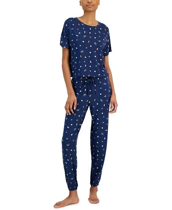 Women's Short-Sleeve Printed Jogger Pajamas Set, Created for Macy's