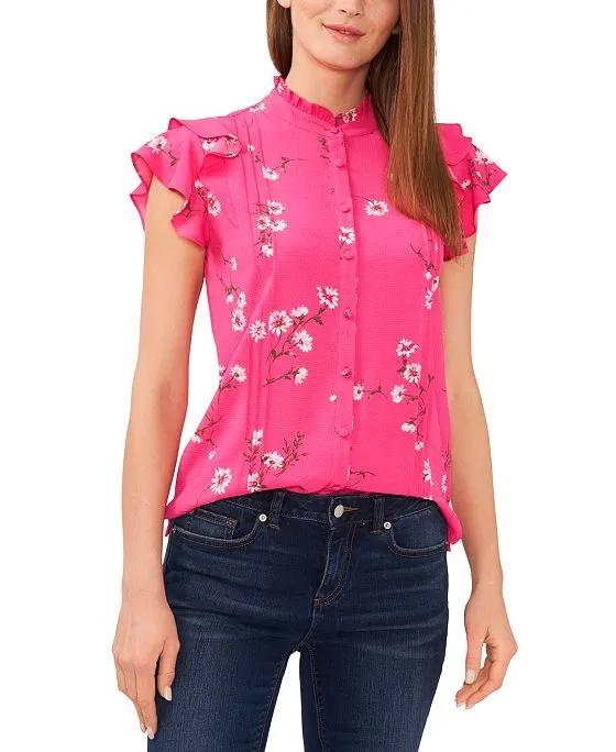 Women's Short Sleeve Ruffled Pin Tucked Floral Print Blouse