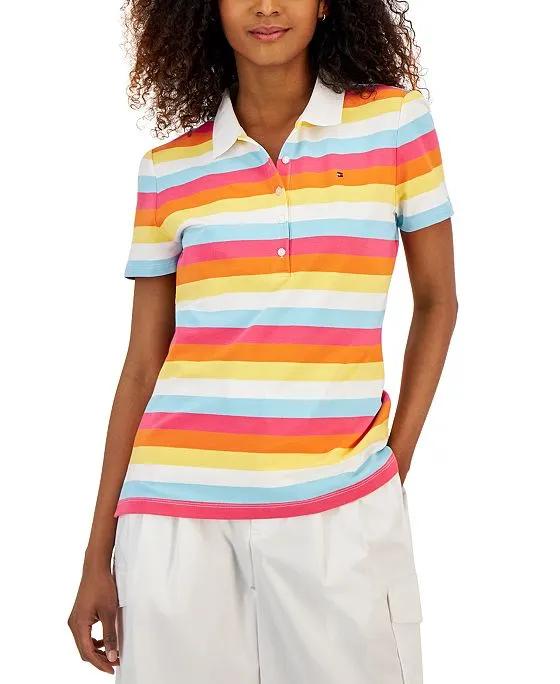 Women's Short Sleeve Striped Rainbow Polo Top 