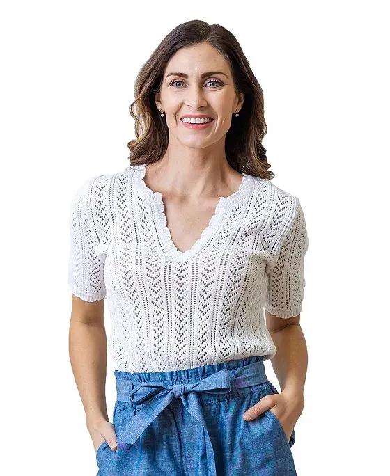 Women's Short Sleeve V-Neck Pointelle Sweater Top, Womens