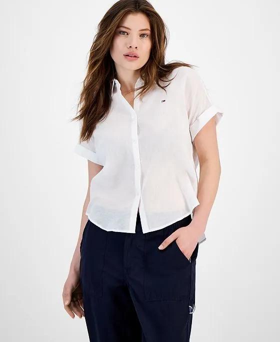 Women's Short-Sleeved Solid Cotton Gauze Shirt 