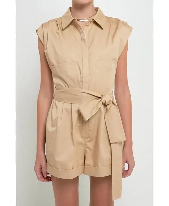 Women's Shoulder Pleated Collared Romper