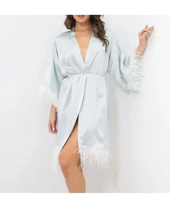 Women's Silk Robe -  Short - Ostrich Feather Trim Hem and Sleeve - Silk Collection
