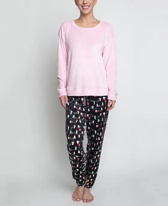 Women's Silky Velour Long Sleeve Top and Jog Style Pant Pajama Set, 2 Piece