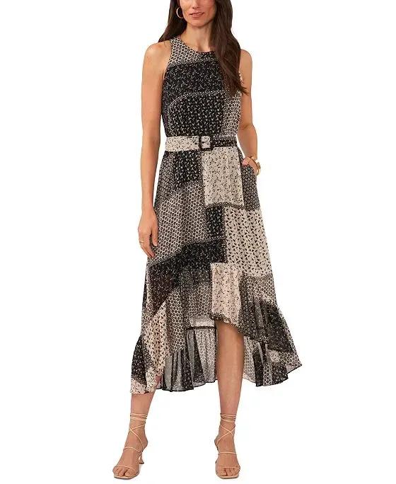Women's Sleeveless Printed Belted High-Low Dress