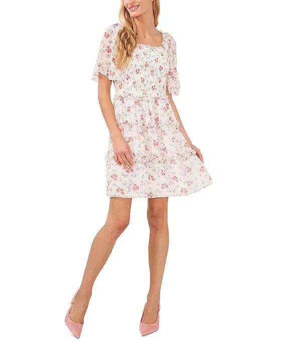 Women's Smocked-Bodice Elbow-Sleeve Floral Dress