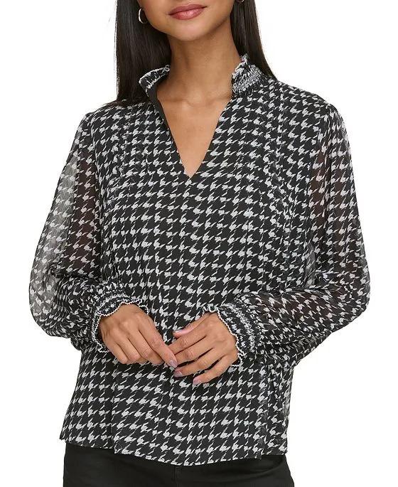 Women's Smocked-Trim Houndstooth Blouse