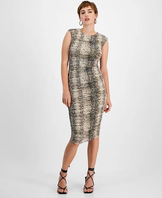 Women's Snake-Print Sleeveless Ruched Mesh Midi Dress, Created for Macy's