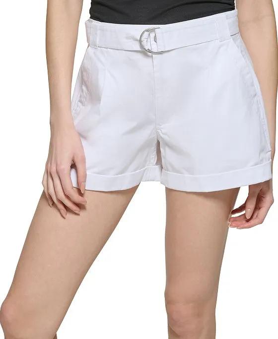 Women's Solid Belted Cuffed Cotton Shorts