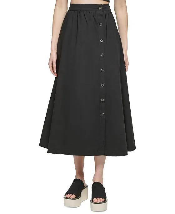 Women's Solid Button-Front Cotton Poplin Midi Skirt