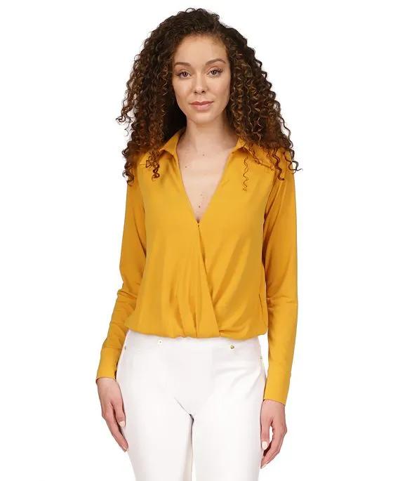 Women's Solid Collared Faux-Wrap Top