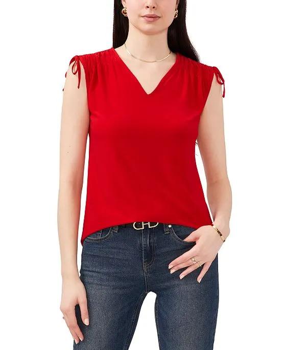 Women's Solid-Color V-Neck Shirred-Shoulder Top