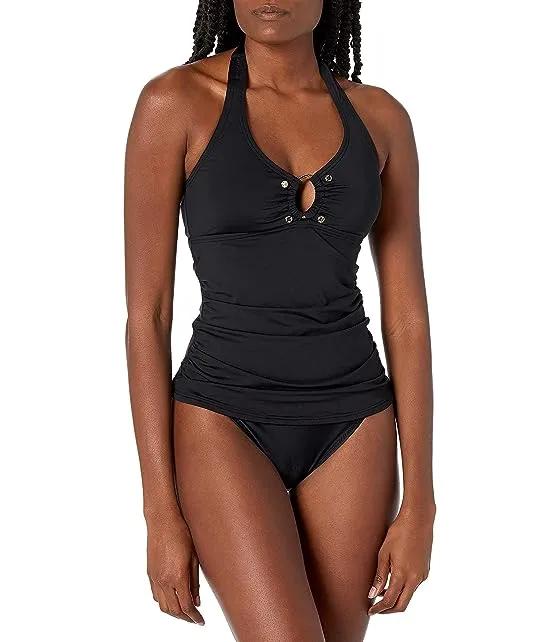 Women's Solid Halter Tankini Swimsuit with Removable Soft Cups