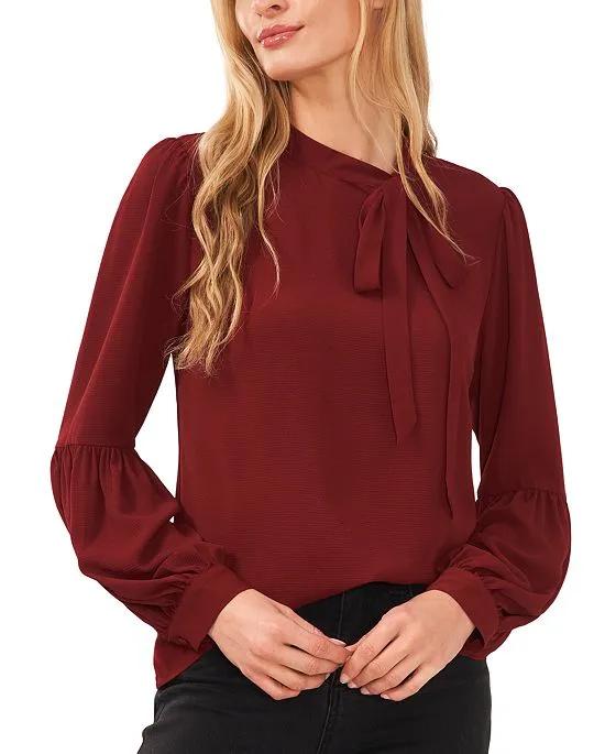 Women's Solid Long Sleeve Tie-Neck Puff-Sleeve Blouse