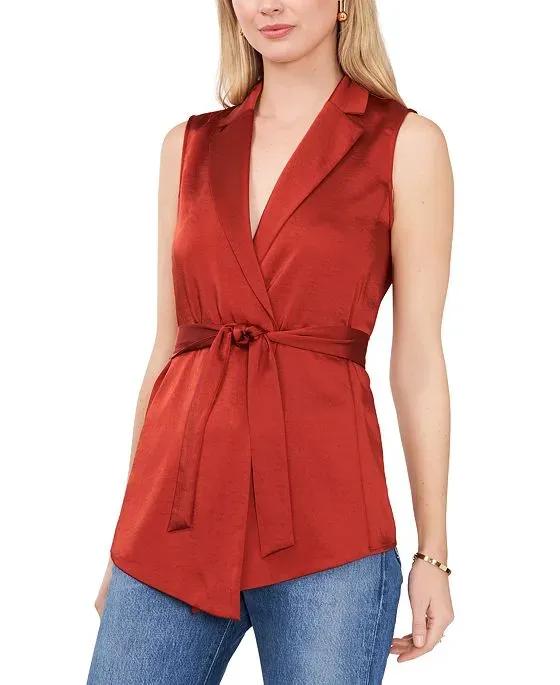 Women's Solid Notched-Collar Belted Vest