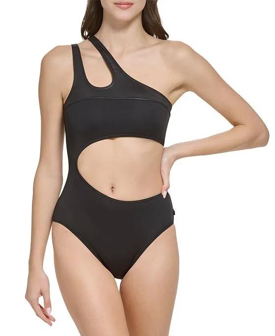 Women's Solid One-Shoulder Cutout One-Piece Swimsuit