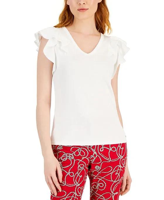 Women's Solid Ruffled-Sleeve V-Neck Top