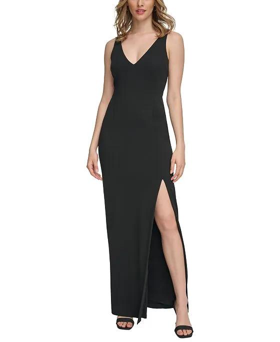 Women's Solid Slit-Front V-Neck Sleeveless Gown