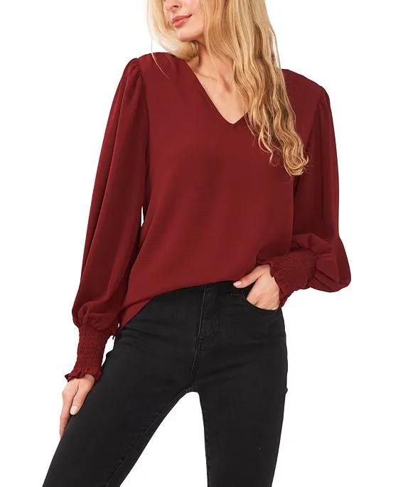 Women's Solid Smocked-Cuff V-Neck Charmeuse Blouse