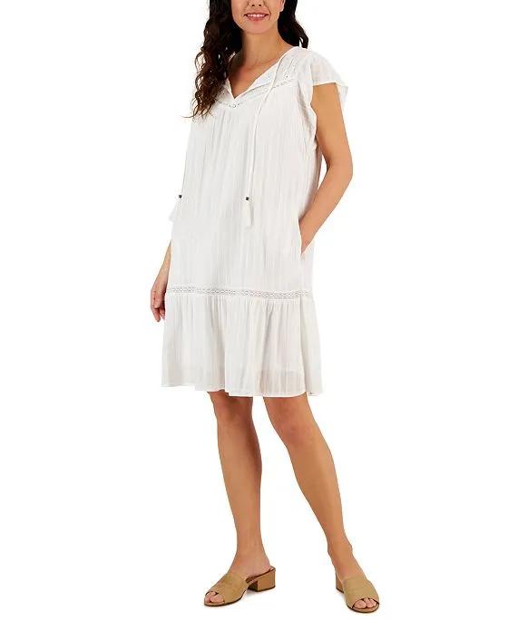 Women's Split-Neck Lace-Trim Flutter-Sleeve Dress, Created for Macy's