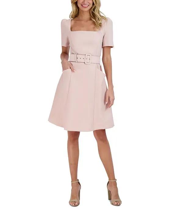 Women's Square-Neck Belted Puff-Sleeve Dress