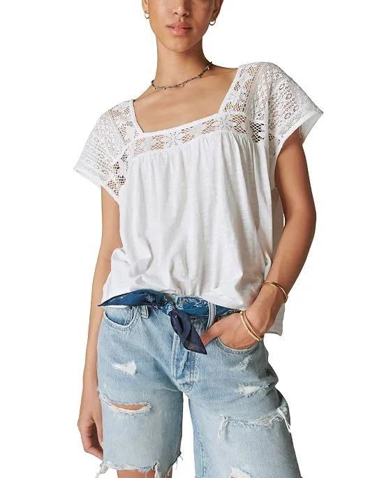 Women's Square-Neck Lace-Sleeve Tee