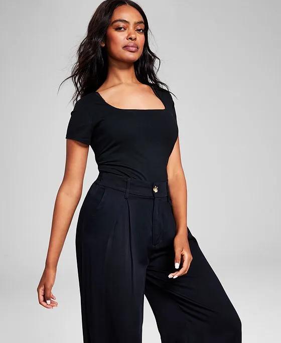 Women's Square-Neck Short-Sleeve Double-Layered Bodysuit