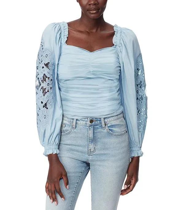 Women's Stevie Cotton Sweetheart-Neck Lace-Sleeve Top
