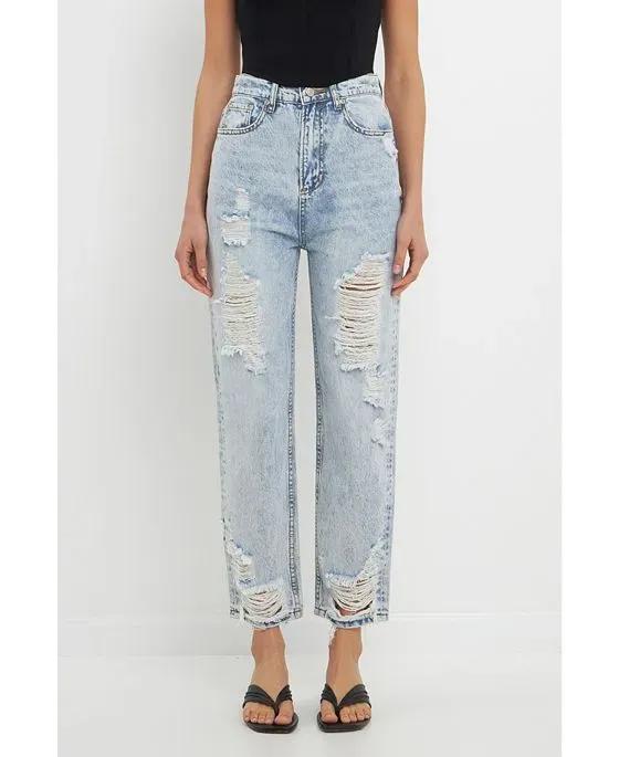 Women's Straight Fit Ripped Denim Jeans
