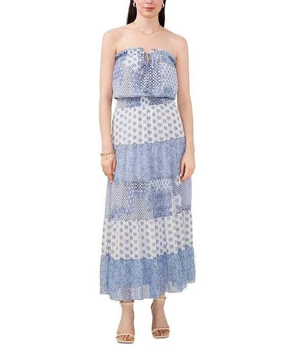 Women's Strapless Patchwork-Print Maxi Dress