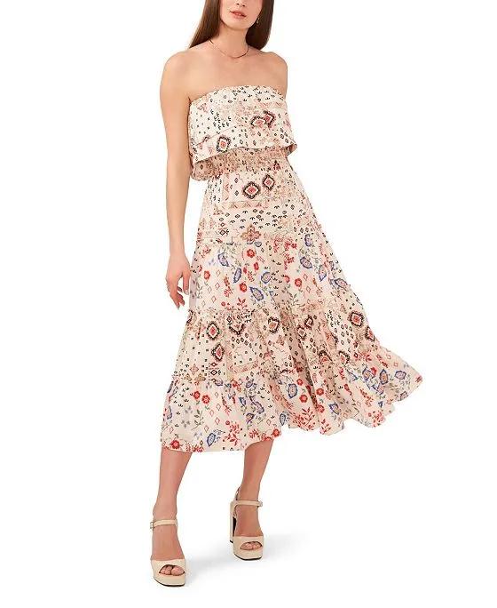 Women's Strapless Ruffle Tiered Printed Maxi Dress