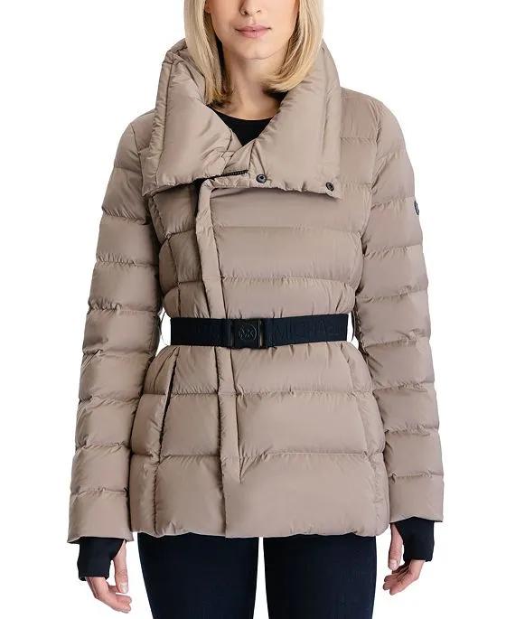 Women's Stretch Asymmetrical Belted Packable Down Puffer Coat