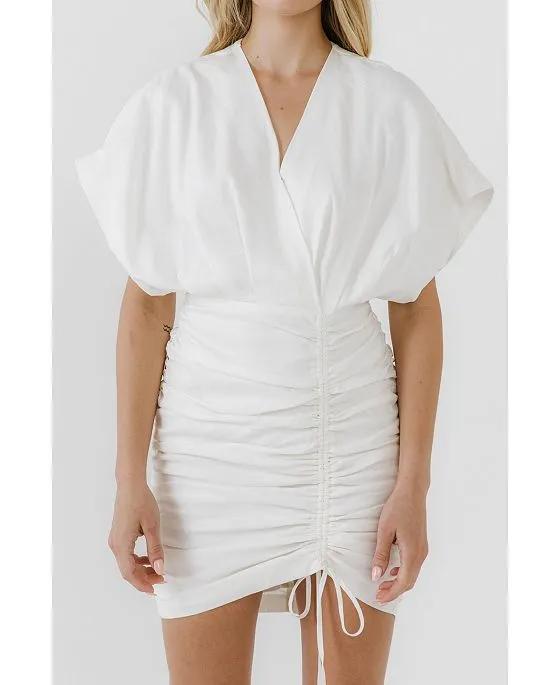 Women's Stretch Linen Shirred Mini Dress