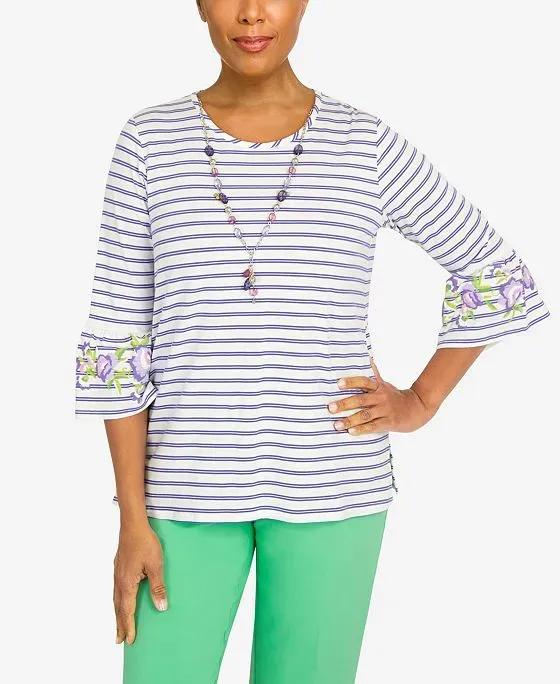 Women's Striped Bell Sleeve Top with Necklace