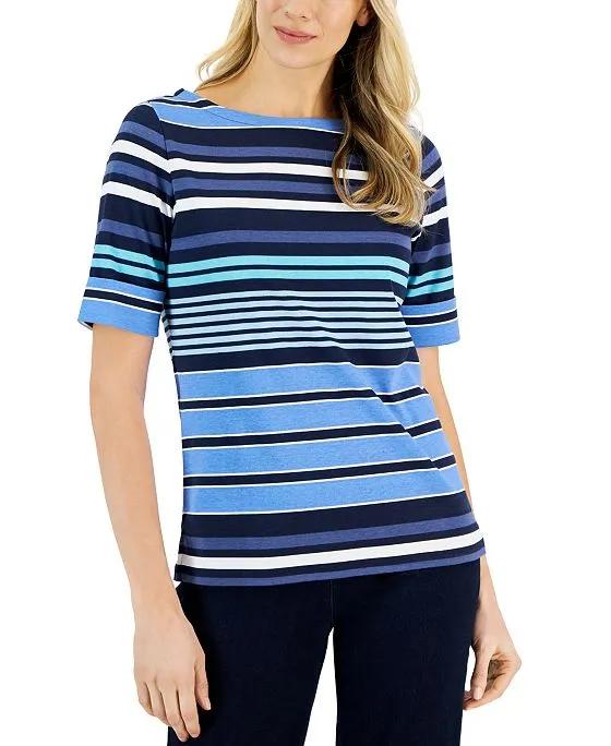 Women's Striped Boat-Neck Elbow-Sleeve Top, Created for Macy's